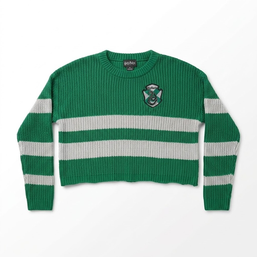 Harry Potter Slytherin Cropped Sweater Womens Small Green Striped Knit Pullover